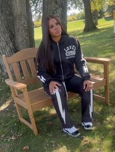 Conjunto de Sudadera con capucha Vintage lavado ácido de alta calidad para mujer, pantalones de chándal acampanados con cremallera bordada personalizada, Invierno transpirable - Product Image 3