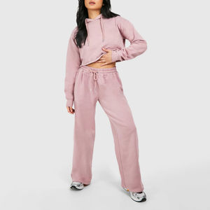 Haute qualité femmes éponge française 2 pièces ensemble coton polaire sweat à capuche court jambe large pantalon broderie cordon avant - Product Image 1