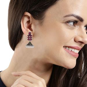 Fashion Jewellery Stylish Antique Boho Vintage Oxidised Gold Silver CZ Dangle Jhumki <b>Earrings</b> Set - Product Image 4