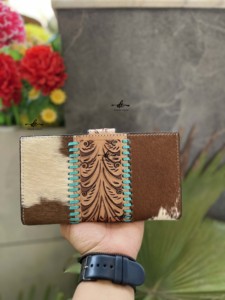 Portefeuilles de créateur en cuir de vachette à motifs occidentaux repoussés à la main pochette étui de téléphone portefeuille élégant multi-usages - Product Image 5