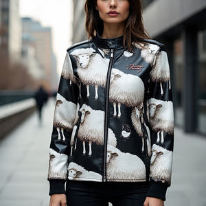 Chaquetas de motorista ajustadas por sublimación completa de cuero genuino OEM para mujer | Chaqueta de cuero de oveja con estampado de diseño personalizado para mujer - Product Image 2