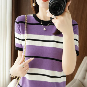 <b>Ladies</b> Summer New <b>Knitted</b> <b>Short</b> <b>Sleeve</b> 100%Pure Cotton Breathable T-shirt Pullover Casual Fashion Bottoming Shirt Women's <b>Top</b> - Product Image 3
