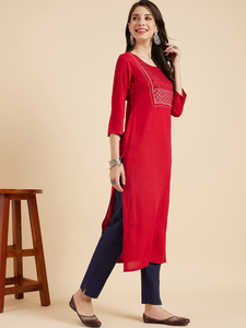 Indianb Trendy Women Maroon Color Embroidered Rayon Fabric O-Neck <b>Three</b> Quarter Sleeve Elegant Washable Straight Kurta Fashion - Product Image 2
