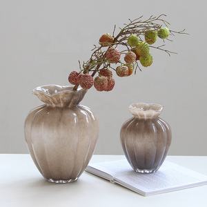 <span class=keywords><strong>Vase</strong></span> en <span class=keywords><strong>verre</strong></span> fumé taupe artisanal soufflé à la bouche Bixuan, bord festonné cannelé, décoration moderne pour la maison, centre de table, porte-fleurs, vases - Product Image 2