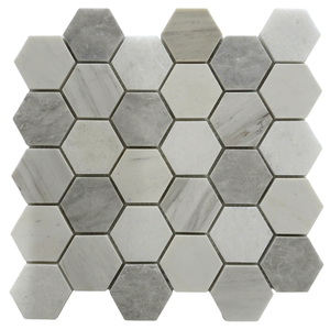 Carreaux de mosaïque hexagonaux de 2 pouces, blanc, gris et noir, marbre, style moderne, pour mur de salle de bain, résistants à l'eau, style contemporain intérieur - Product Image 5