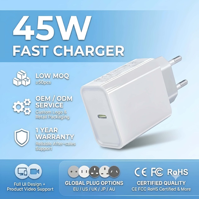 Wholesale 45W GaN Type C Charger PD Fast Charging Travel Charger with US UK EU JP Plug Wall Adapter for iPhone 17 16 15 Pro Max