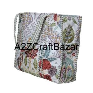 Sac fourre-tout en coton 100 % fait à la main, grand sac de bureau matelassé, imprimé floral en blocs, lavable, pour le shopping et l'usage quotidien - Product Image 5