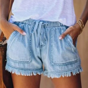 2025 Shorts en Denim en Détresse pour Femmes Premium 100% Coton Nouveau Personnalisé Lavé avec Taille Haute Arc et Décoration de Fourrure - Product Image 1