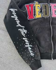 Vente en gros, sweat à capuche personnalisé pour hommes, délavé à l'acide, fermeture éclair avec broderie en strass, streetwear vintage, hiver 100% coton à capuche - Product Image 4