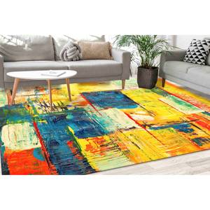 Tapis d'art abstrait : décor moderne jaune, vert et bleu, avec tapis à poils doux - Product Image 1