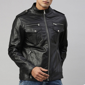 Chaqueta de cuero de motorista para hombre de invierno con diseño adecuado de fábrica, logotipo frontal, aspecto clásico, resistente al viento y al agua, servicio OEM - Product Image 1