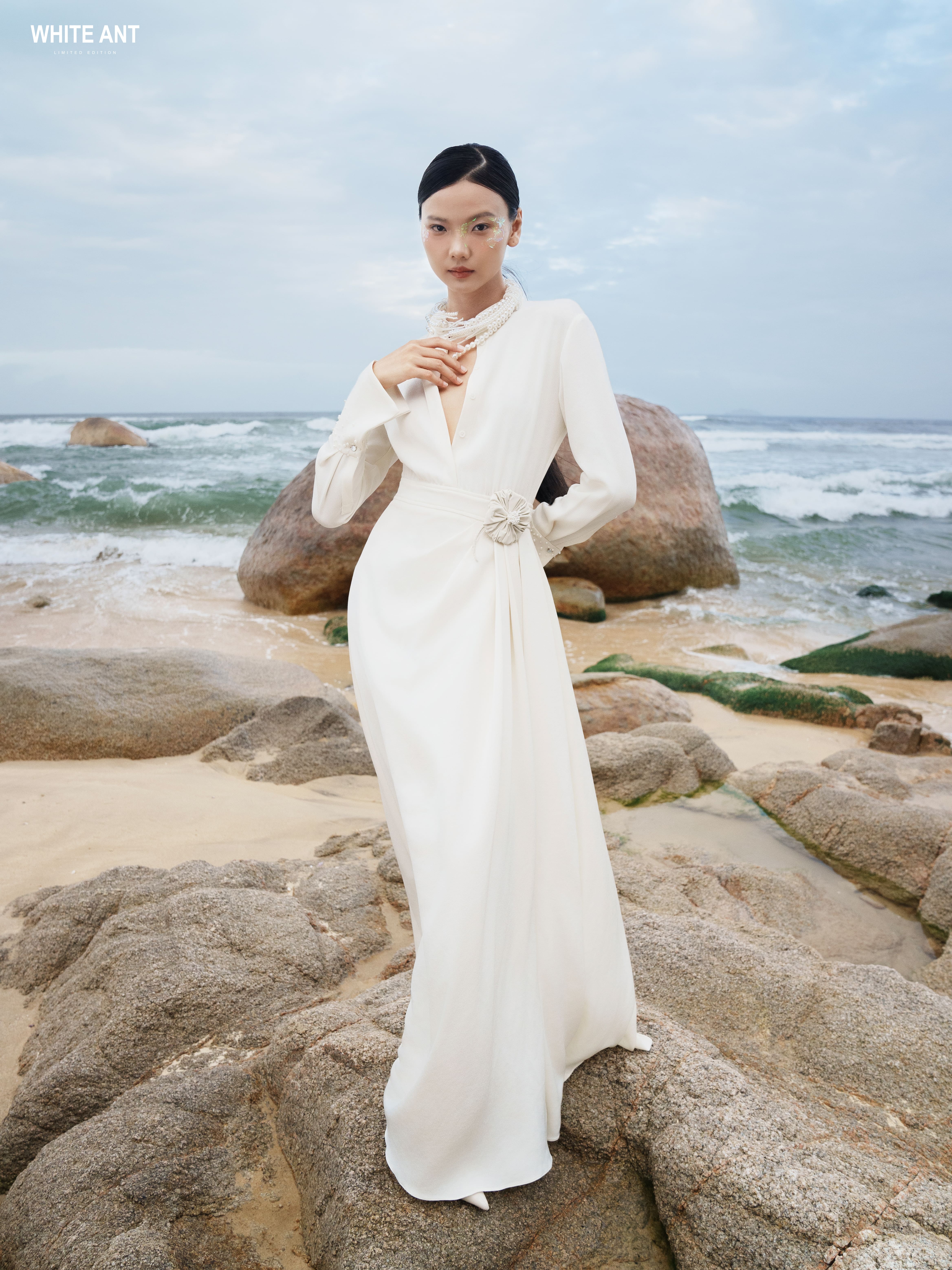 Custom Logo Women'S Formal Dresses Luxury Brand Jenny Embellished Maxi  Dress V-Neck 77% Acetate 23%Polyester Whiteant Factory