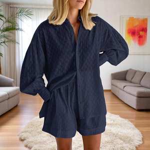 Conjunto de camisa y pantalones cortos Jacquard de moda para mujer, ropa elegante de manga larga elegante para vacaciones de verano - Product Image 2
