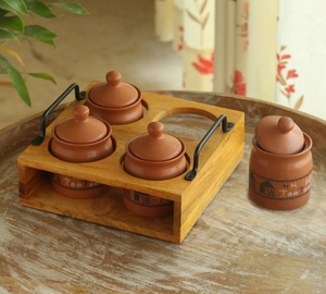 Warli Village Tales Multi-Purpose Ceramic Pickle & Chutney Jar Set With Wooden Holder Set of 4 Ceramic Condiment <b>Pot</b> - Product Image 2