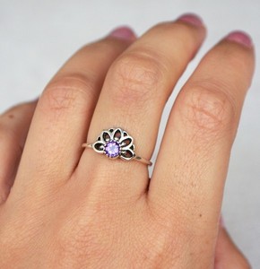 Solid 925 Sterling Silver Simple Vintage Rhodium Plated Bezel Set Christian Women's/Unisex Ring Natural Amethyst Mandala <b>Lotus</b> - Product Image 1