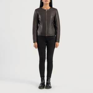 <b>Womens</b> Brown Leather Collarless <b>Jacket</b> - Product Image 3