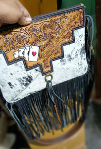 Western Cowhide Hairon <b>Leather</b> Fringe Crossbody Bag | Hand <b>Tooled</b> Genuine <b>Leather</b> Shoulder Purse for Women | Western Handbag - Product Image 5