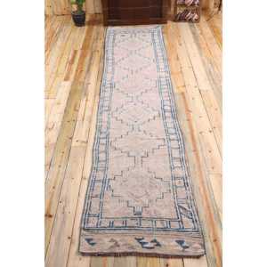 Tapis turc vintage Herki 2,6x11,4 pi (80x348 cm), tapis en laine bleu abstrait - Product Image 1