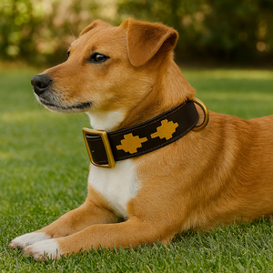Elegante collar de perro de cuero Polo Stitch, perfecto para mascotas con estilo, con accesorios dorados, collar ajustable de Divine International - Product Image 1