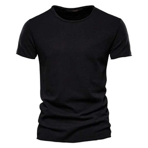 T-shirt de sport décontracté pour hommes, ensemble court, séchage rapide et léger, 100% coton, teint avec bras serré, noir, coupe ajustée sur le devant - Product Image 4
