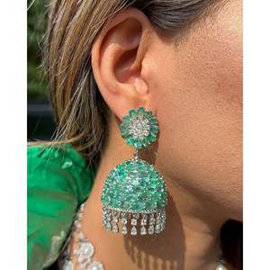 <b>Emerald</b> Swirl Diamond Jhumka <b>Earrings</b> - Product Image 3