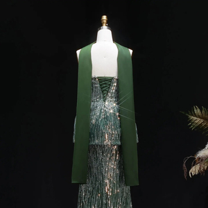 Robe de soirée de luxe Jancember LSZ781 vert foncé, élégante robe sirène, robe de soirée formelle lourdement perlée avec long châle - Product Image 6