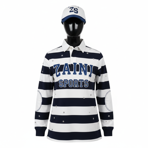 Camiseta de rugby para mujer de alta calidad, pesado GSM piqué de algodón, rayas blancas y azul marino con bordado de chenilla, camiseta de Rugby con logotipo personalizado, algodón - Product Image 1