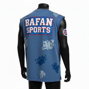 เสื้อยืดผู้ชายผ้าฝ้าย 100% ทรงหลวม พิมพ์ลาย พรีเมียม คุณภาพดี ผ้าคอตตอนผสมโพลีเอสเตอร์ สีน้ำเงิน แบบสปอร์ต แขนกุด ปักโลโก้ - Product Image 5