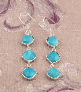 925 Sterling <b>Silver</b> Turquoise Faceted Cushion Shape Designer Three Stone <b>Long</b> <b>Silver</b> <b>Earrings</b> At Wholesale Price - Product Image 4