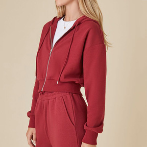 Sudadera con capucha personalizada informal para mujer Hombro caído Corto recortado Manga larga Cremallera Técnica bordada Con capucha Directo ODM - Product Image 4