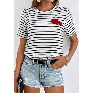 Nouveau T-shirt pour femmes, style décontracté ample, manches courtes, couleur unie, haut de qualité supérieure, style rayé, 100% coton - Product Image 1