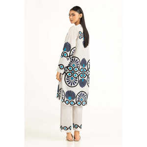 ชุดเซ็ตเสื้อผ้าฝ้ายสีขาวพิมพ์ลายแนวตั้งลำลองสำหรับผู้หญิง ไซส์ XS/XS สำหรับชุดฤดูใบไม้ผลิ/ฤดูร้อน ชุด 2 ชิ้น - Product Image 1