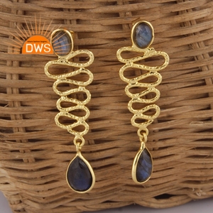 Boucles d'oreilles en labradorite naturelle plaquée or 18 carats, design fait main, avec pierres précieuses, fabricant de bijoux - Product Image 2