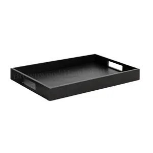 High Quality Black Color Rectangular Wooden Trays Solid Rubber Wood Food Serving Tray with Handle for Hotels & Restaurant Supply