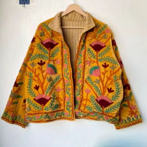 Jaune velours coton Suzani broderie Boho hiver veste florale moderne luxe haute qualité unisexe vêtements d'extérieur décontractés superposition - Product Image 1