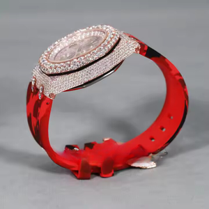 Reloj estilo Hip Hop para hombre con forma redonda en cinturón de goma rojo con relojes automáticos de cuarzo Moissanite Diamond hecho a mano para hombres - Product Image 4