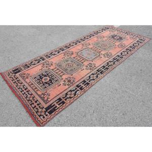 Alfombra de lana turca Vintage de 44x108 pies, tradicional naranja, azul, de inspiración oriental, área decorativa, Alfombra tejida de retales de látex - Product Image 3