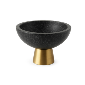 Tazón de piedra decorativa de travertino tono crema con base de pedestal dorado frutero hecho a mano Mesa Central acento decoración del hogar estilo - Product Image 5