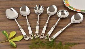 Utensilios de aluminio de acero inoxidable para servir, vajilla, cucharas de Buffet, herramientas de cocina, cubiertos, tenedor, utensilios de cocina, juego de 6 uds. - Product Image 5