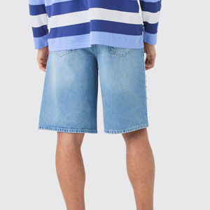 Pantalones Cortos Anchos de Mezclilla para Hombre, Color Azul Claro, Estilo Relajado, Rígidos, Desgastados, Tipo Carpintero, 100% Algodón, con Bolsillos Utilitarios y Detalles Desgastados - Product Image 4