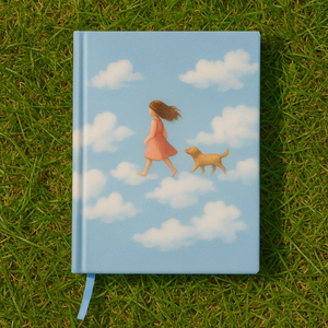 LABON Cloud Walk A5 Linen Notebook Soft Blue Pure White Cover Girl and Dog Walking on Clouds Journal with <strong>Kites</strong> and Ribbon - Product Image 1