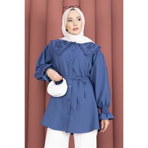 Túnica Indigo para Mujer con Cuello Bordado Floral, Cintura Ajustable con Cordón, Formal, de Popelina, Gasa y Tejido de Punto, Talla XL, Corte Holgado, Largo - Product Image 2