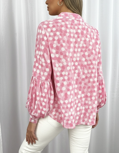 Women's Pink Polka Dot Chiffon Blouse With <b>Balloon</b> Sleeves Shirt Collar Loose Fit Spring Summer Sweet Style Top - Product Image 4