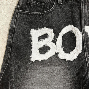 Custom Raw Hem Applique Embroidery Patches Logo High Quality Streetwear Baggy Distressed Black Washed Denim <b>Jeans</b> Shorts for <b>Men</b> - Product Image 5