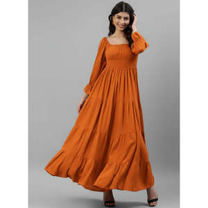 DEEBACO Women's Tan Solid Viscose Rayon Smocked Tiered <b>Dress</b> 3/4 Puff Sleeves Square Neck Fit & Flare Maxi Length Summer Western - Product Image 6