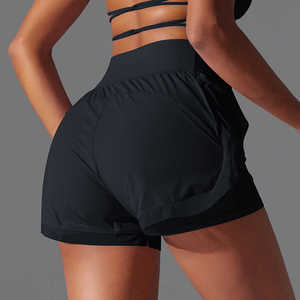 Short de sport élastique double couche à séchage rapide pour femme, short de course de yoga en tissu lavé avec dentelle et logo personnalisé, vente en gros - Product Image 5