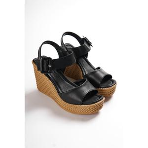 PERLA Boucle Élastique Talons Compensés Semelle Orthopédique Look Paille Sandales pour Femmes KT Noir - Product Image 3