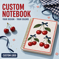 Buku Catatan LABON Custom Cherry dengan Pinggiran Gingham Krem, Titik Foil Merah Emas, Pita Grosgrain Biru Dongker, Ikat Pita, Spiral Kawat Ganda Emas, Halaman Kosong