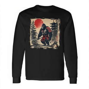 T-shirt a maniche lunghe vintage con grafica tramonto giapponese per Big Foot Samurai, design promozionale in stile giapponese - Product Image 2