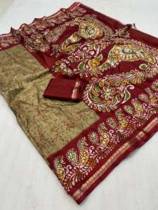 ผ้าไหมโดลาสำหรับผู้หญิงคุณภาพพรีเมียม พร้อมขอบปักดิ้นทอง และผ้าปาลูลายคาลัมคารีสุดหรู ผลิตในประเทศอินเดีย - Product Image 5